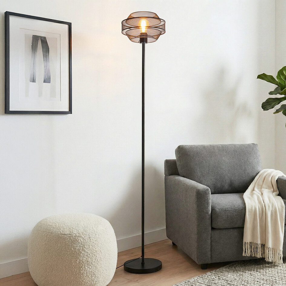 Zwarte staande lamp met opengewerkte kap - Julian