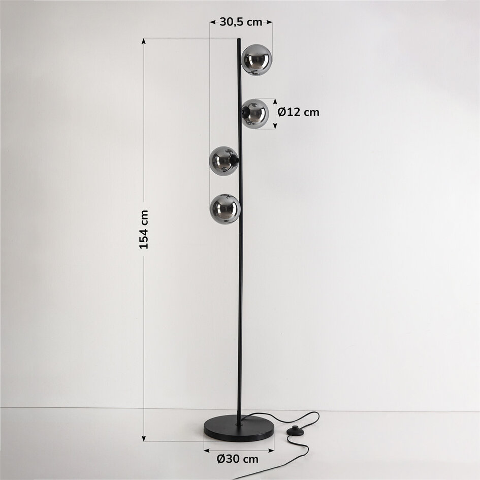 Staande lamp 4-lichts zwart met smoke glas - Pippa