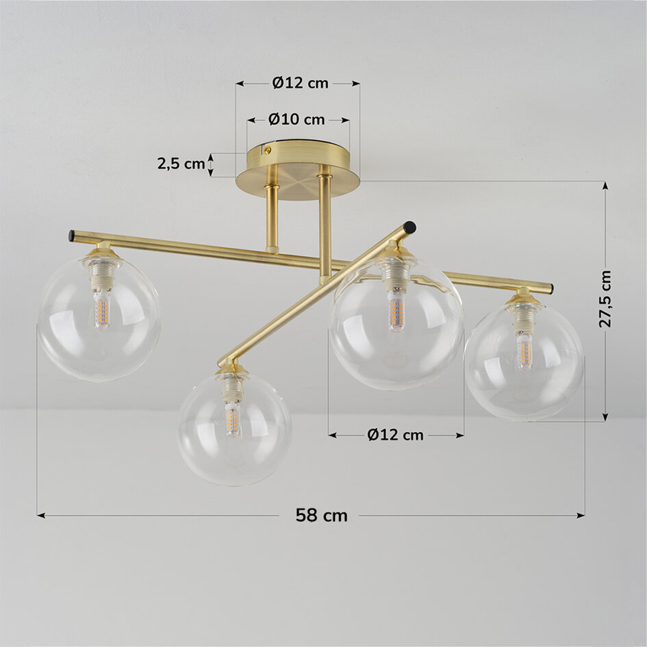 Elegante plafondlamp, 4-lichts goud met transparant glas - Nymo