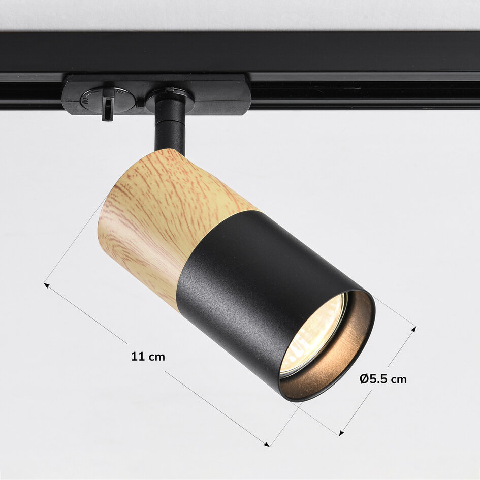 Railspot 1-fase Linn - zwart met licht eiken houtlook
