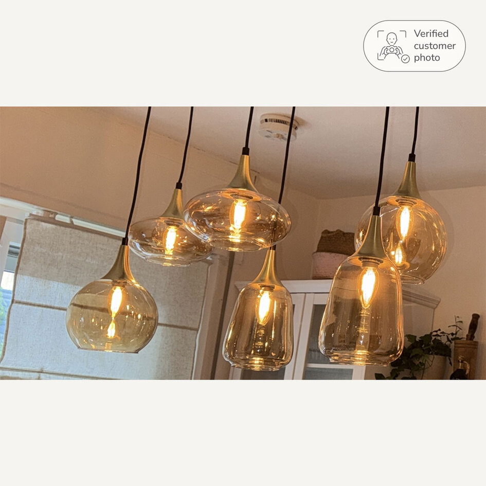 Hanglamp goud met amber glas, 6-lichts - Loic