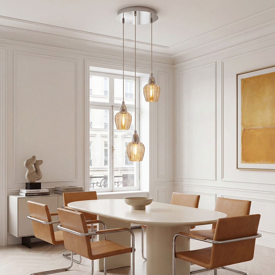 Industriële chrome hanglamp met amber glas, 3-lichts - Vanity