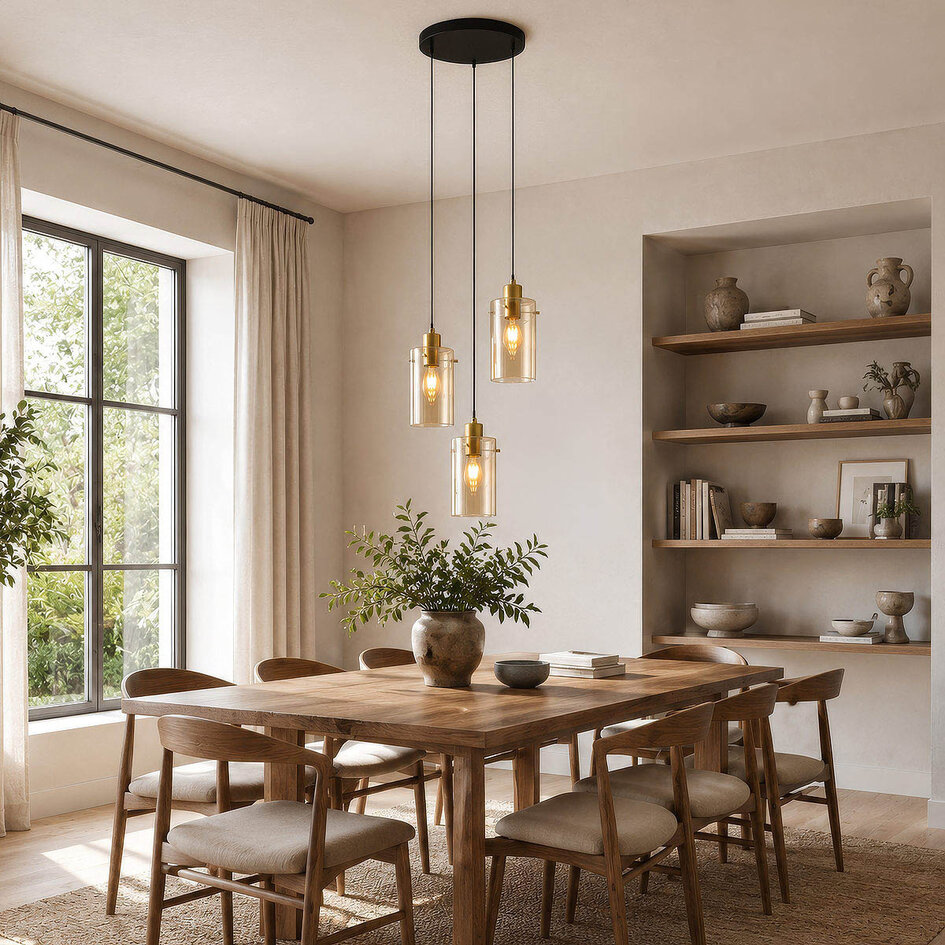 Moderne mat zwarte met zand gouden hanglamp met amberkleurig  glas 3-lichts - Arlington