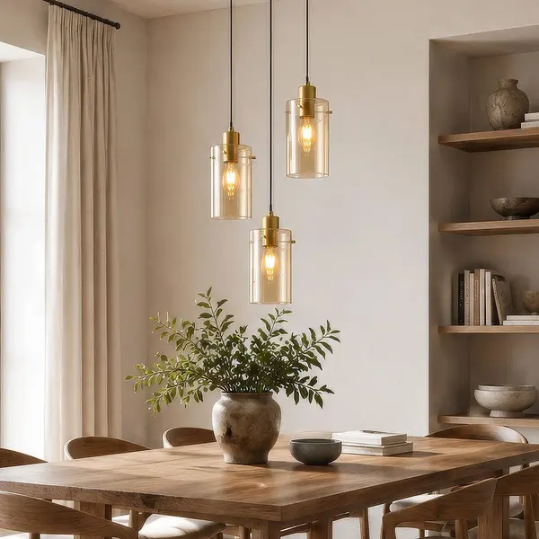Moderne mat zwarte met zand gouden hanglamp met amberkleurig  glas 3-lichts - Arlington