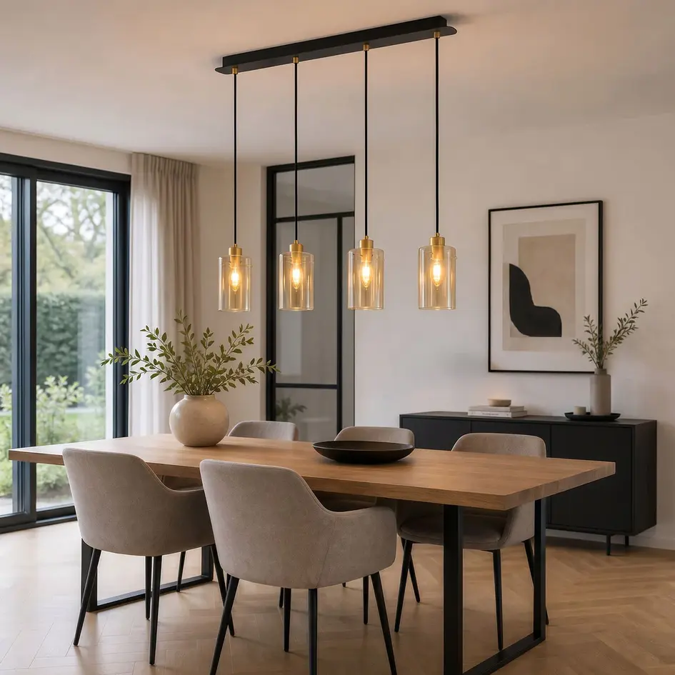 Industriële mat zwarte en  zand gouden hanglamp met amberkleurig glas  4-lichts  - Tuscon