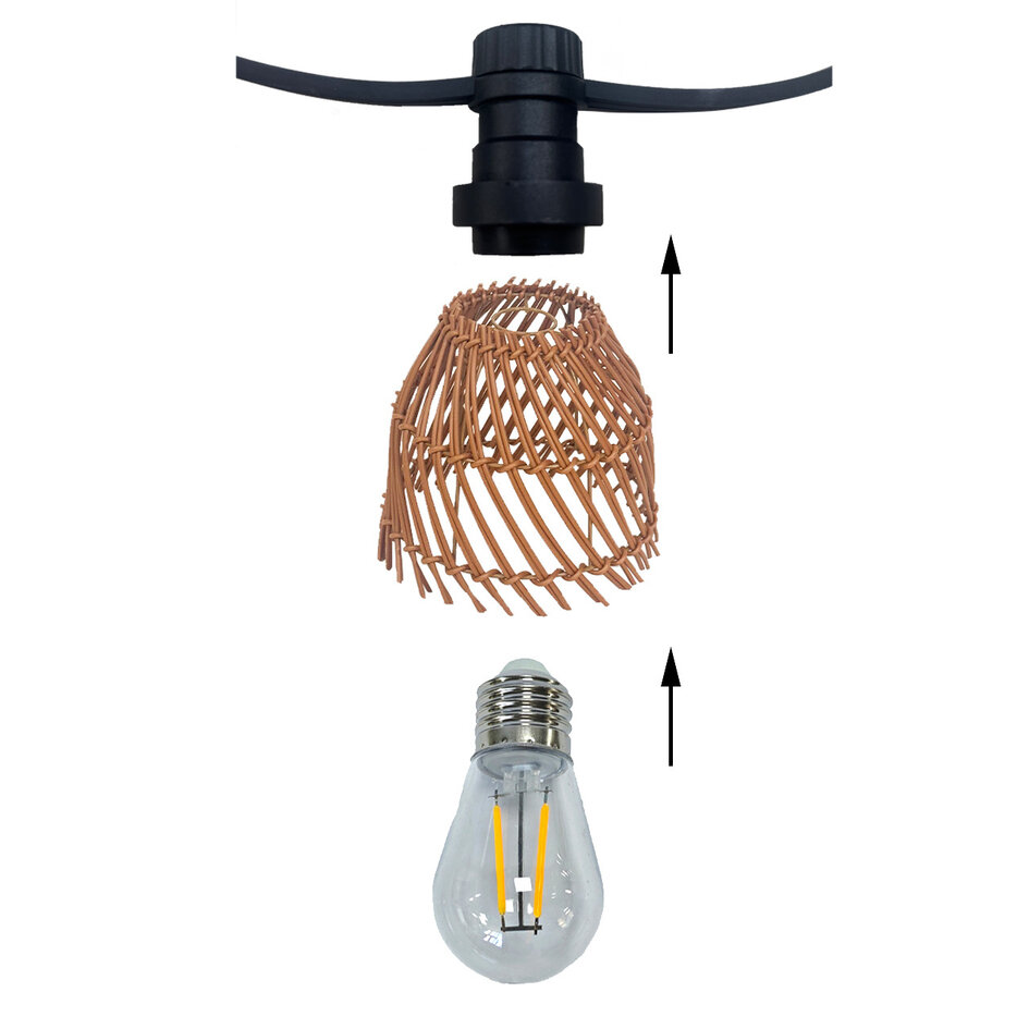 Prikkabel set inclusief kappen in donkere houtkleurige rotanlook, verkrijgbaar met verschillende LED lampen