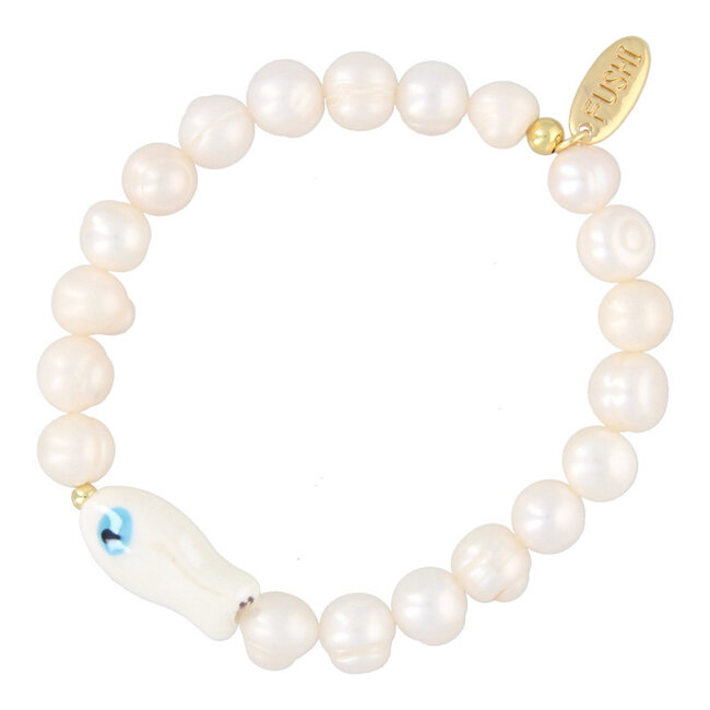 Armband Zoetwaterparel En Keramiek Vis Wit