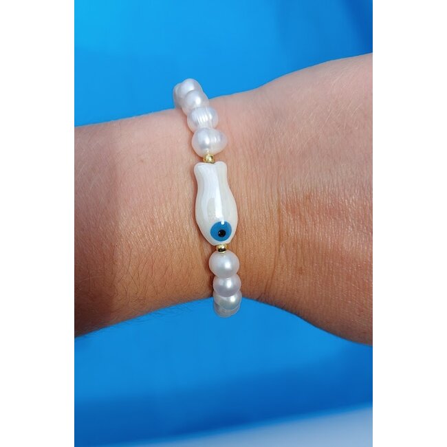 Armband Zoetwaterparel En Keramiek Vis Wit
