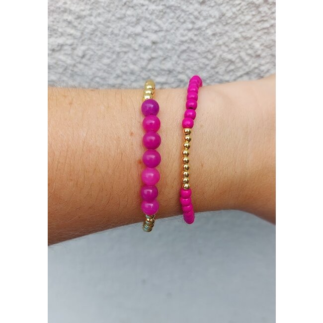 Armband Halfedelsteen Agaat Fuchsia Met gold plated Goud