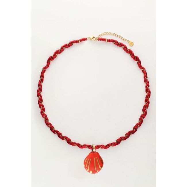 Art rode gevlochten koord ketting met schelp