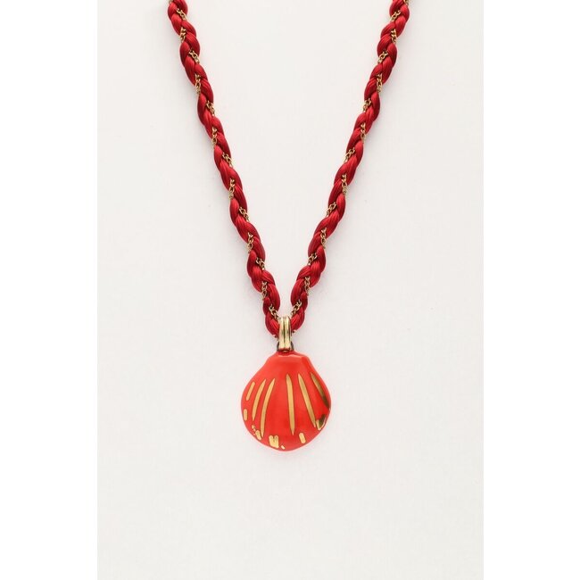 Art rode gevlochten koord ketting met schelp