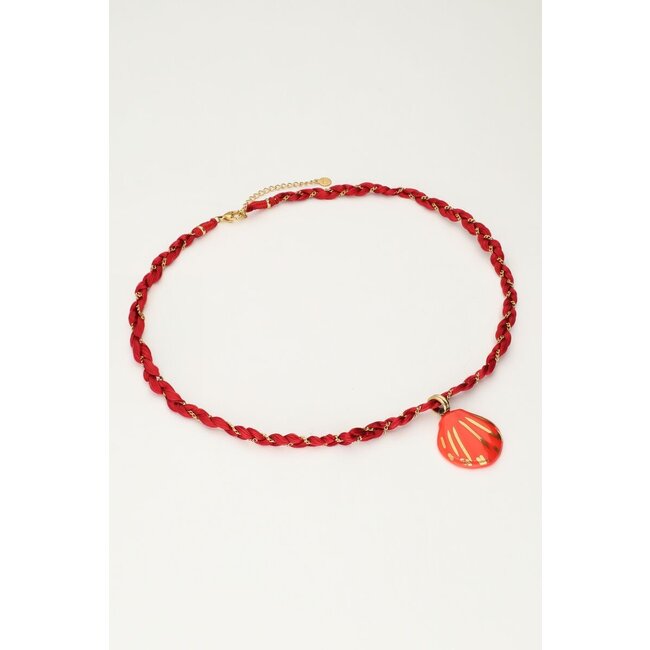Art rode gevlochten koord ketting met schelp