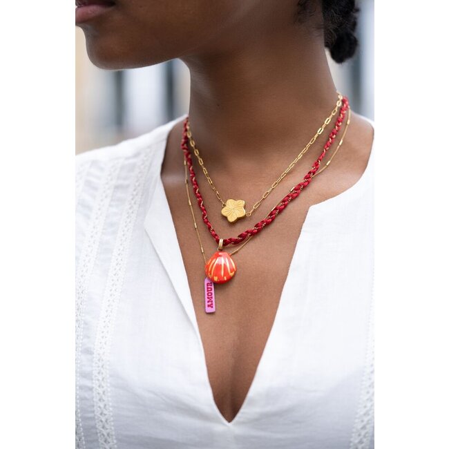 Art rode gevlochten koord ketting met schelp