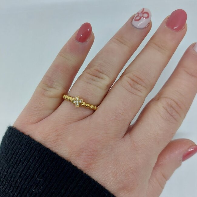 Bolletjes ring met kruisje - Goldplated