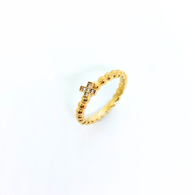 Bolletjes ring met kruisje - Goldplated