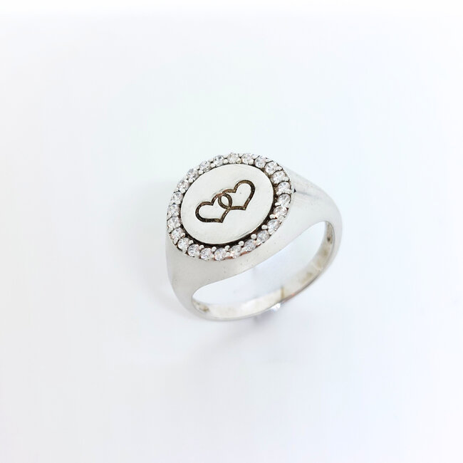 Hartjes zegelring met zirkonia - Zilver
