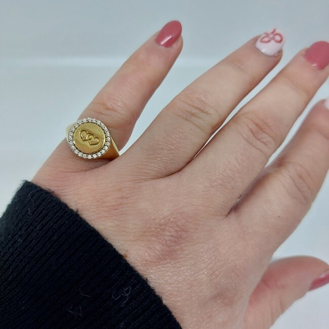 Hartjes zegelring met zirkonia - Goldplated