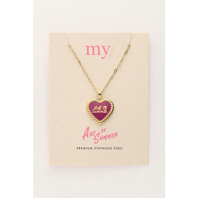 Art schakelketting met fuchsia vintage hart
