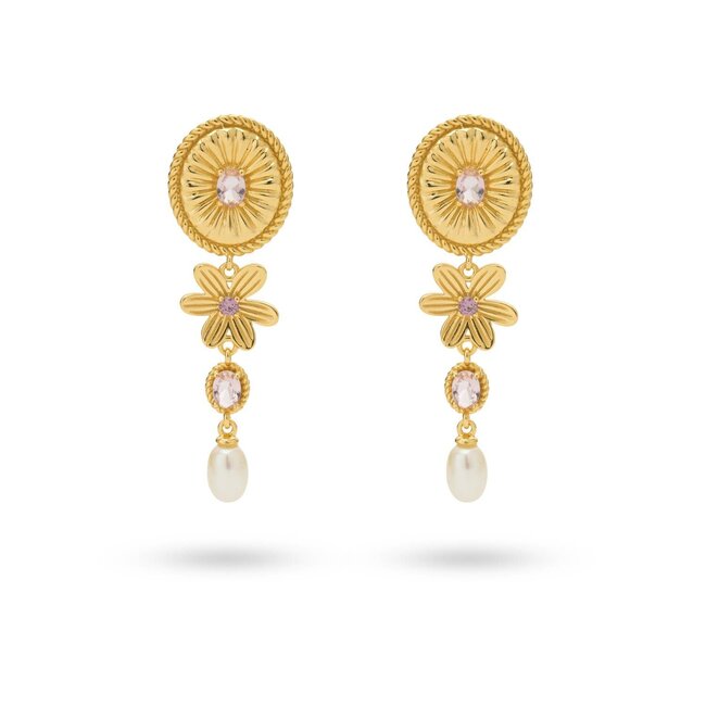 Statement oorbel met gekleurde stenen en zoetwater parel - 424123Y