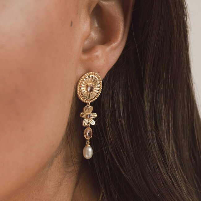 Statement oorbel met gekleurde stenen en zoetwater parel - 424123Y