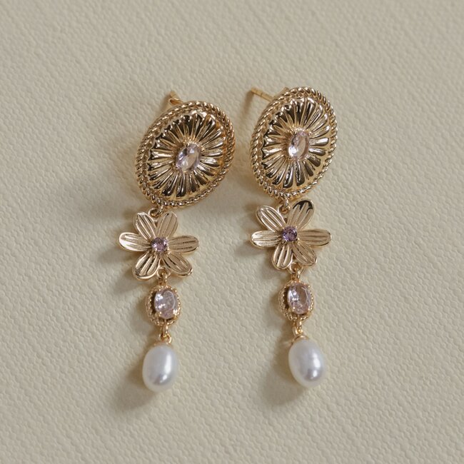 Statement oorbel met gekleurde stenen en zoetwater parel - 424123Y