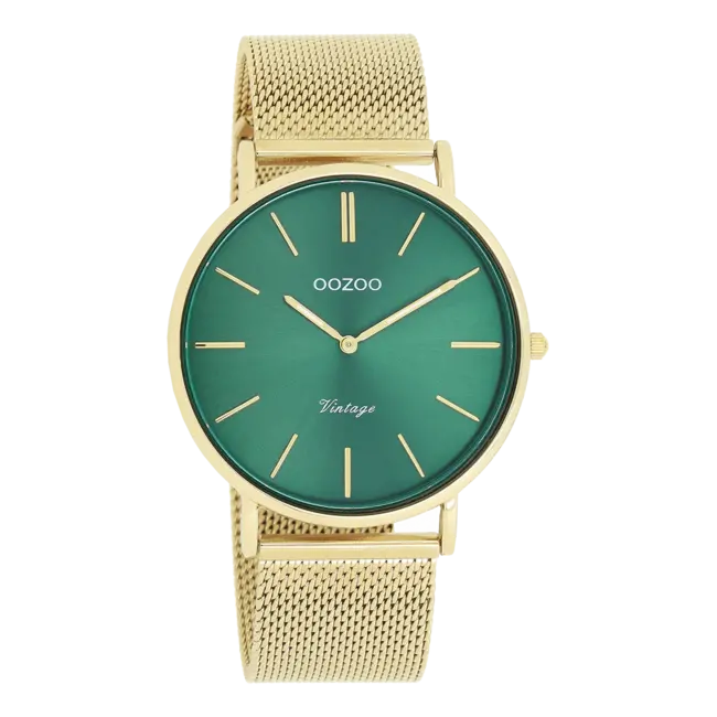 Groene dameshorloge met fijne mesh band  - Goudkleurig