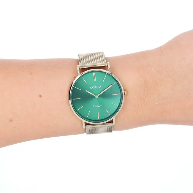 Groene dameshorloge met fijne mesh band  - Goudkleurig