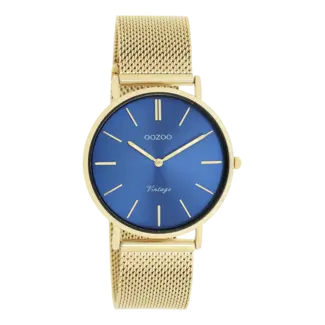 Oozoo Blauwe dameshorloge met fijne mesh band  - Goudkleurig