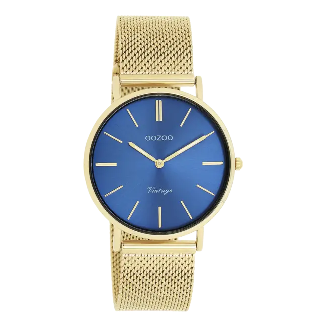 Blauwe dameshorloge met fijne mesh band  - Goudkleurig