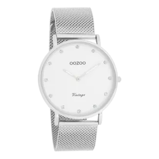 Oozoo Zilverkleurige dameshorloge met fijne mesh band zirkonia