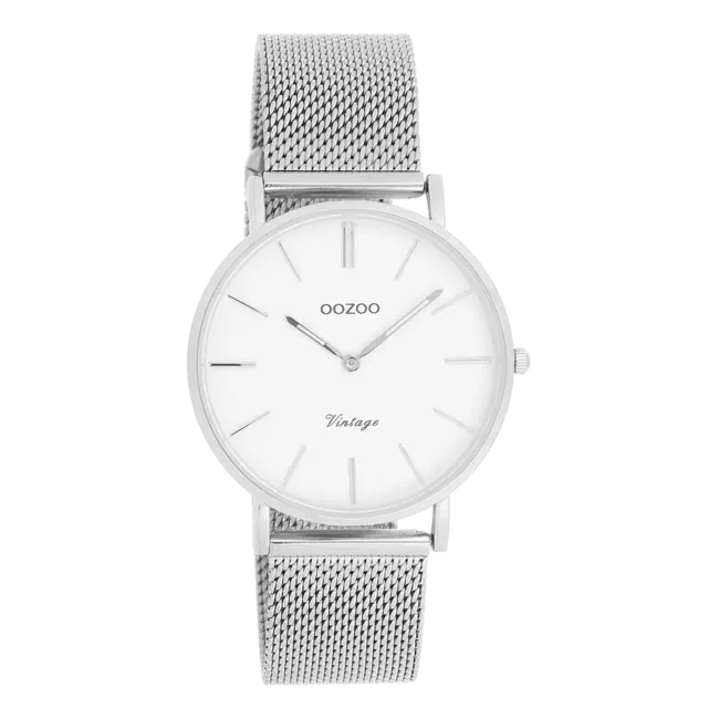 Witte dameshorloge met fijne mesh band  - Zilverkleurig
