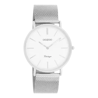 Oozoo Witte dameshorloge met fijne mesh band 40mm - Zilverkleurig