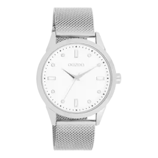 Oozoo Witte dameshorloge met geweven mesh band 40mm - Zilverkleurig