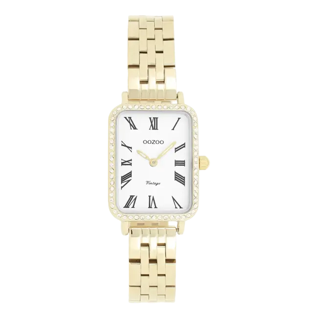 Goudkleurig horloge met metalen armband en zirkonia