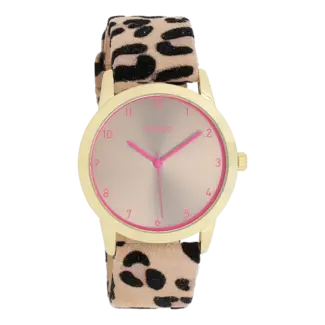 Oozoo Goudkleurig horloge met een bruine leren band - Roze