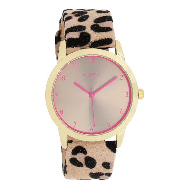 Goudkleurig horloge met een bruine leren band - Roze
