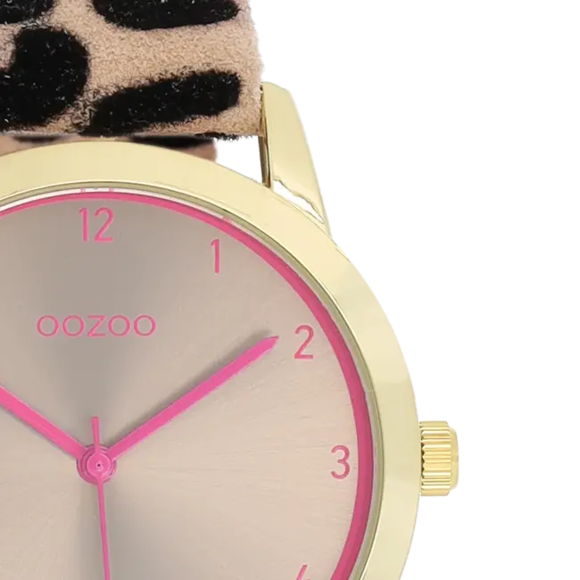 Goudkleurig horloge met een bruine leren band - Roze