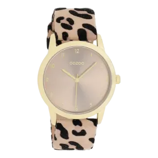 Oozoo Goudkleurig horloge met een bruine leren band