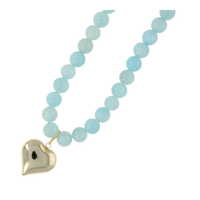 Ketting halfedelsteen 12mm dyed jade lichtblauw met hart