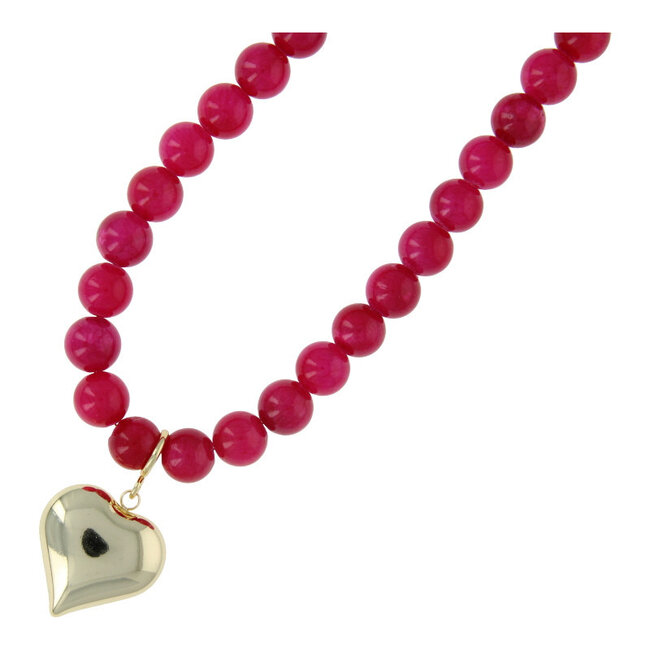Ketting halfedelsteen 12mm dyed jade fuchsia met hart
