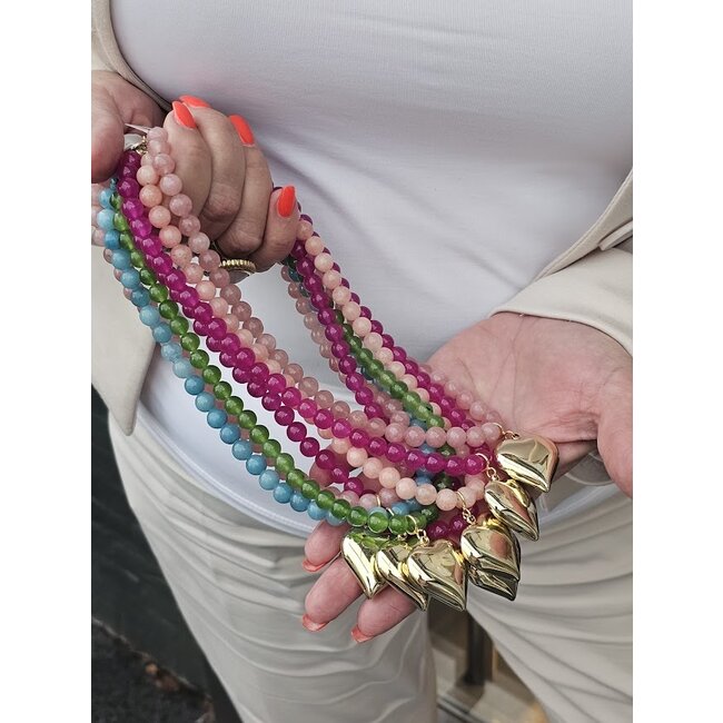 Ketting halfedelsteen 12mm dyed jade lichtblauw met hart