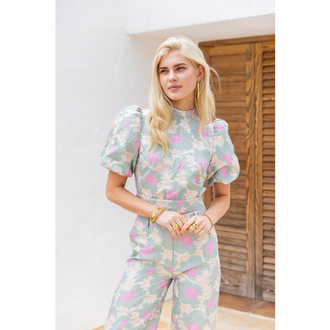 Groene jacquard top met open rug