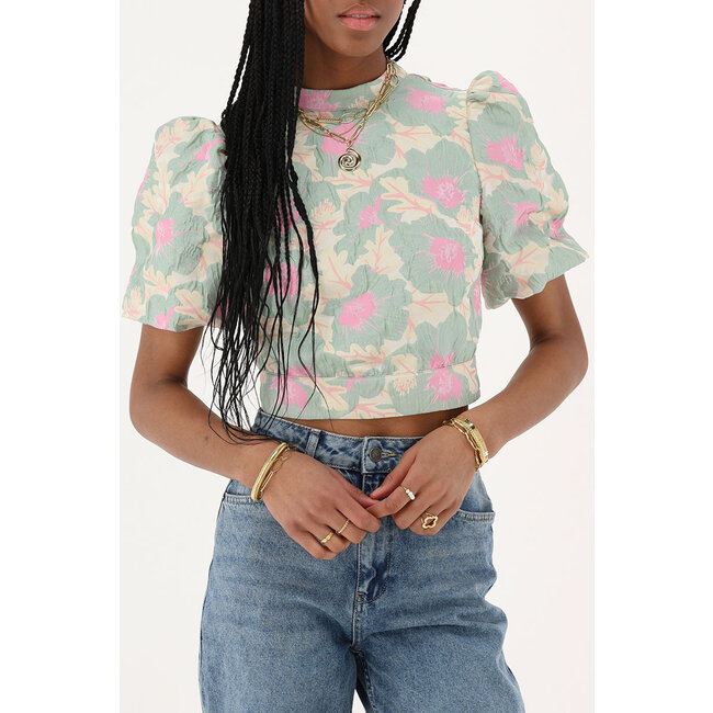 Groene jacquard top met open rug