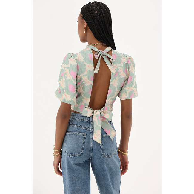 Groene jacquard top met open rug