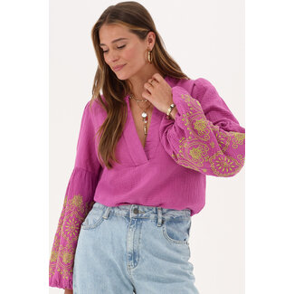 My Jewellery Paarse embroidery blouse met V-hals & pofmouwen