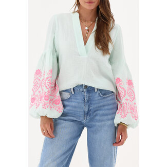 My Jewellery Mintgroene embroidery blouse met V-hals & pofmouwen