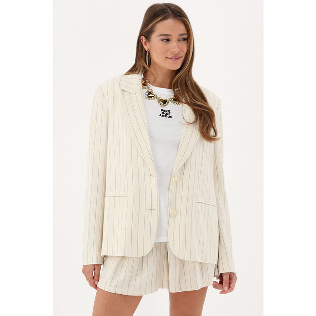 Beige linnen blazer met krijtstrepen - Maat S