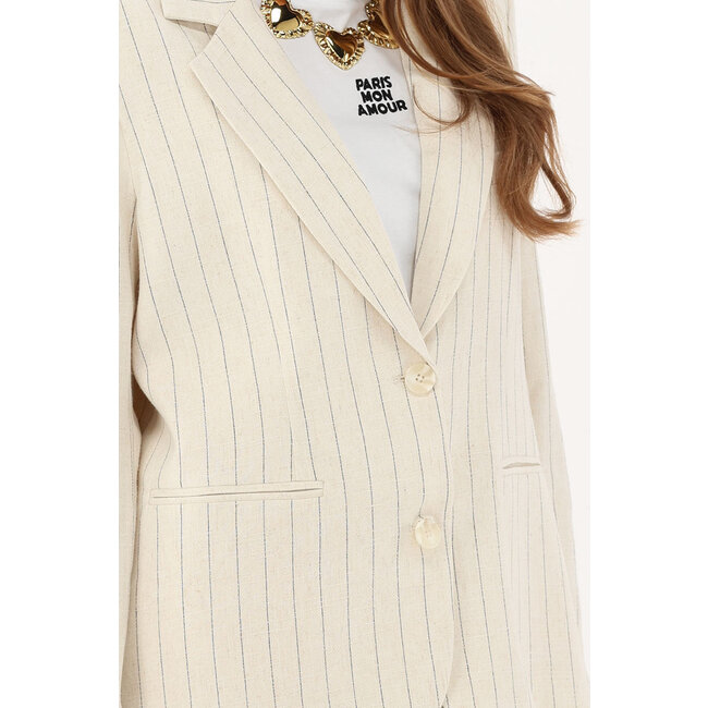 Beige linnen blazer met krijtstrepen - Maat S
