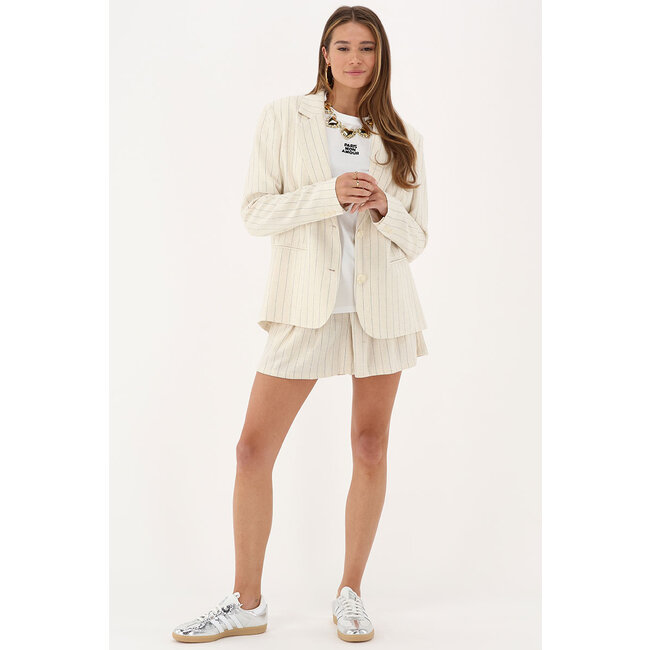 Beige linnen blazer met krijtstrepen - Maat S