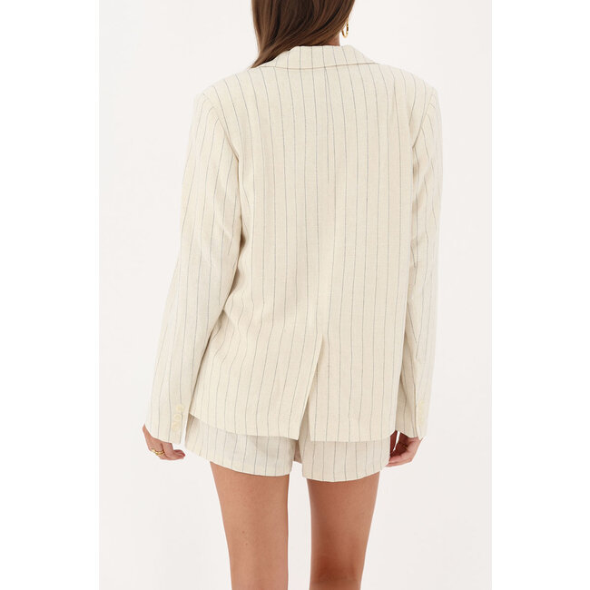 Beige linnen blazer met krijtstrepen - Maat S